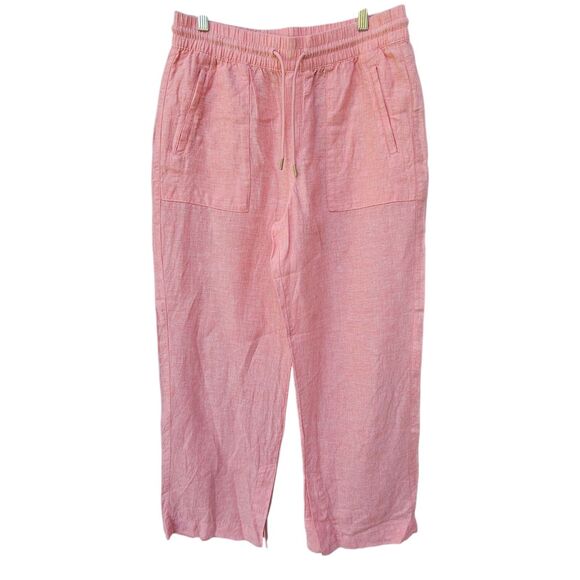 Athleta Linen Wide Leg Pants Sz 8 Split Bottom Hem Elastic Waistband Peachy Pink - Picture 1 of 10